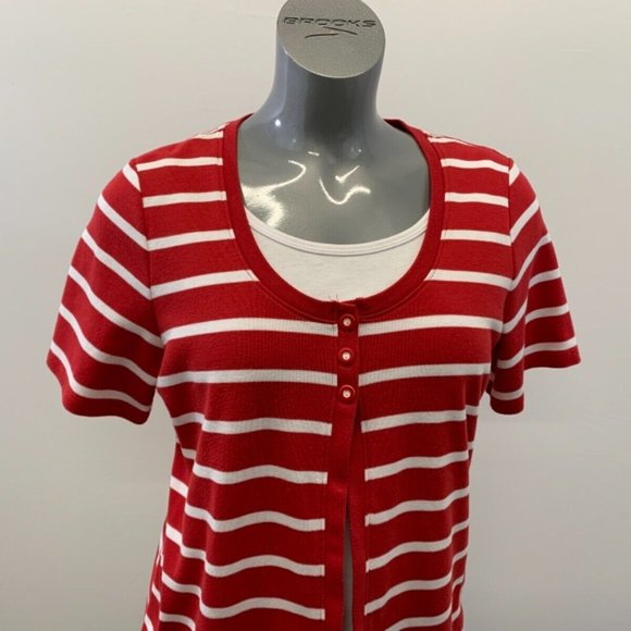 Allison Daley Women's Medium Red White Striped Short Sleeve Scoop Neck Top - Picture 3 of 5